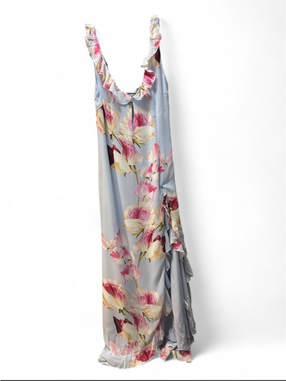 Runaway the Label Romantic Floral Ruffle Maxi Dress in Light Blue and Pink